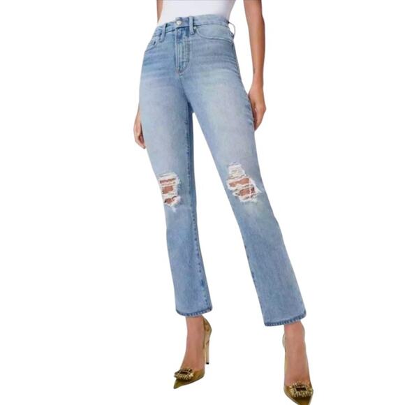 Good American Good Boy Destroyed High Waist Jeans Indigo085 Womens Size 4 NWT